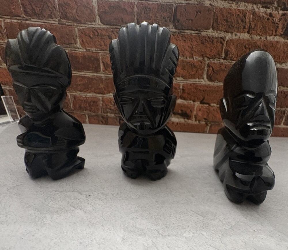 Black Obsidian Gold Sheen Hand Carved Aztec Mayan Idol Figurine 4.5in Set Of 3